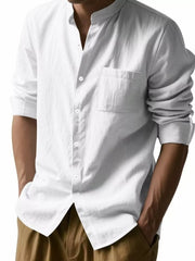 White button-up shirt with hip-length and button-front