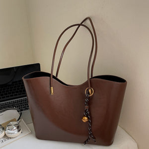 Premium Pu Leather Large Tote Bag in coffee brown with gold hardware and a decorative charm.