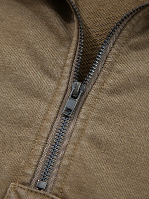 Mineral wash hoodie in coffee brown with a half zip detail.