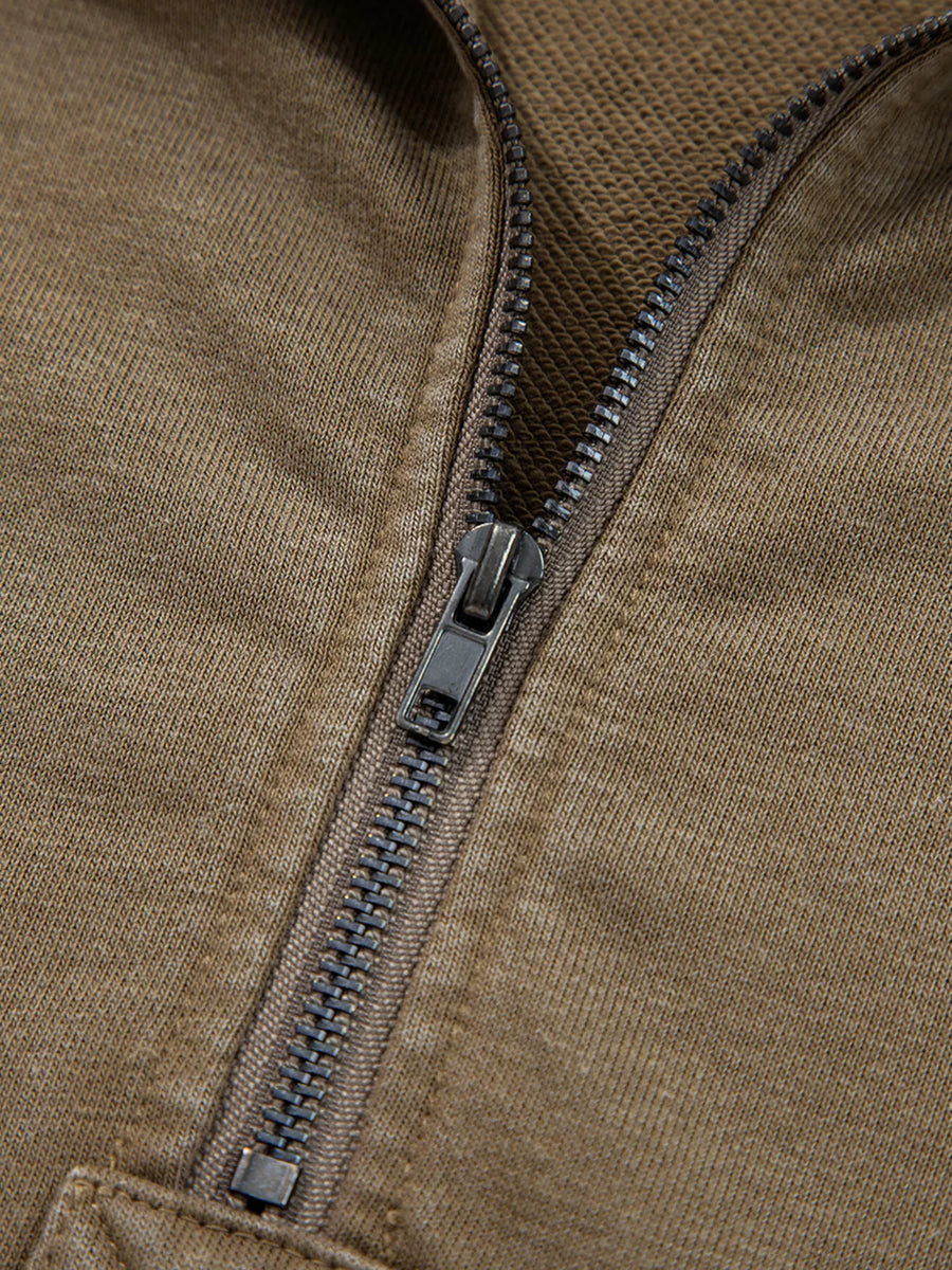 Mineral wash hoodie in coffee brown with a half zip detail.