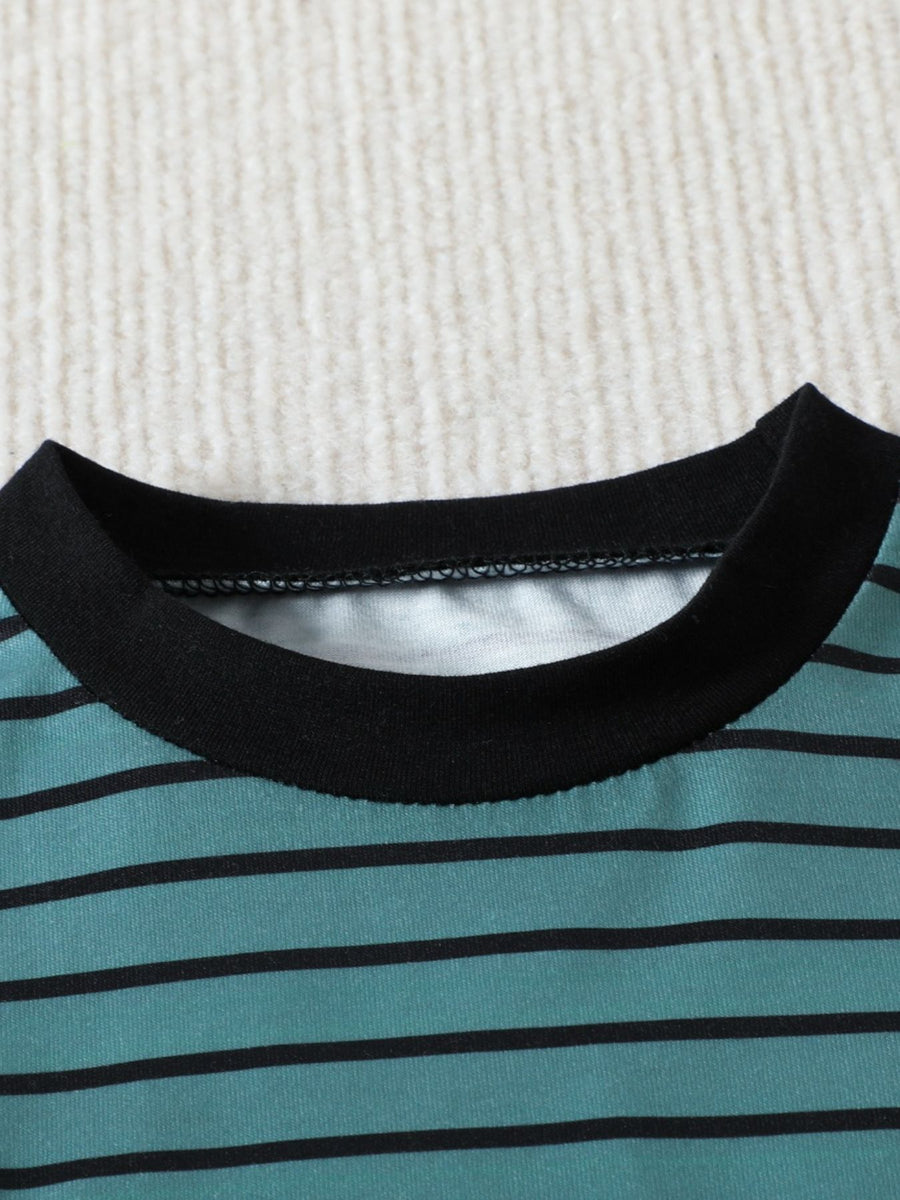 Striped baby t-shirt with black trim and crew neck, made of cotton.
