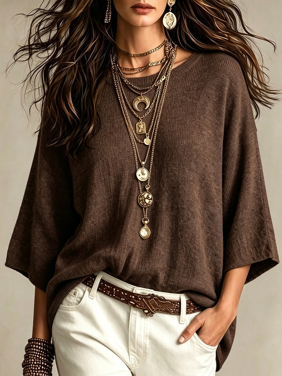 pullover sweater in chocolate brown featuring stretch and relaxed fit
