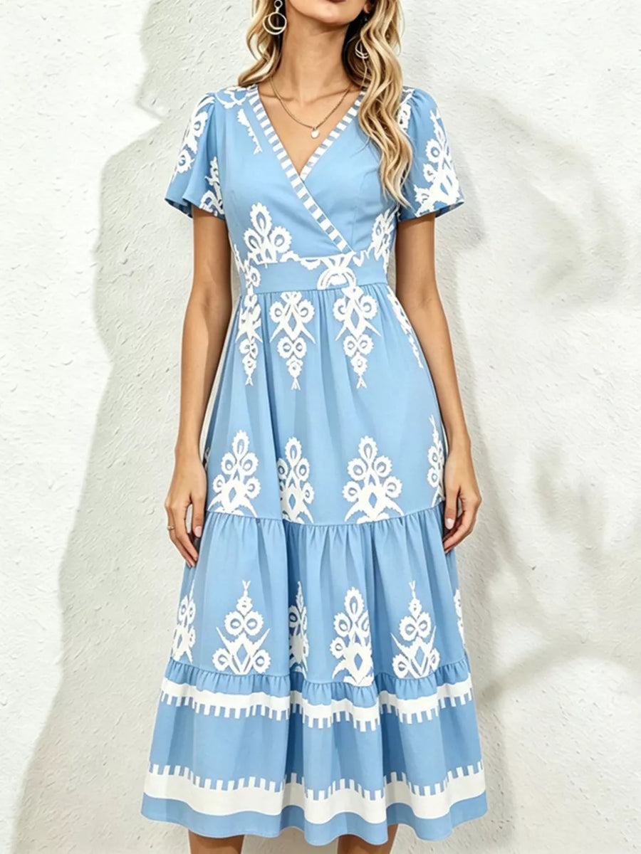 Printed Surplice Short Sleeve Dress in Blue