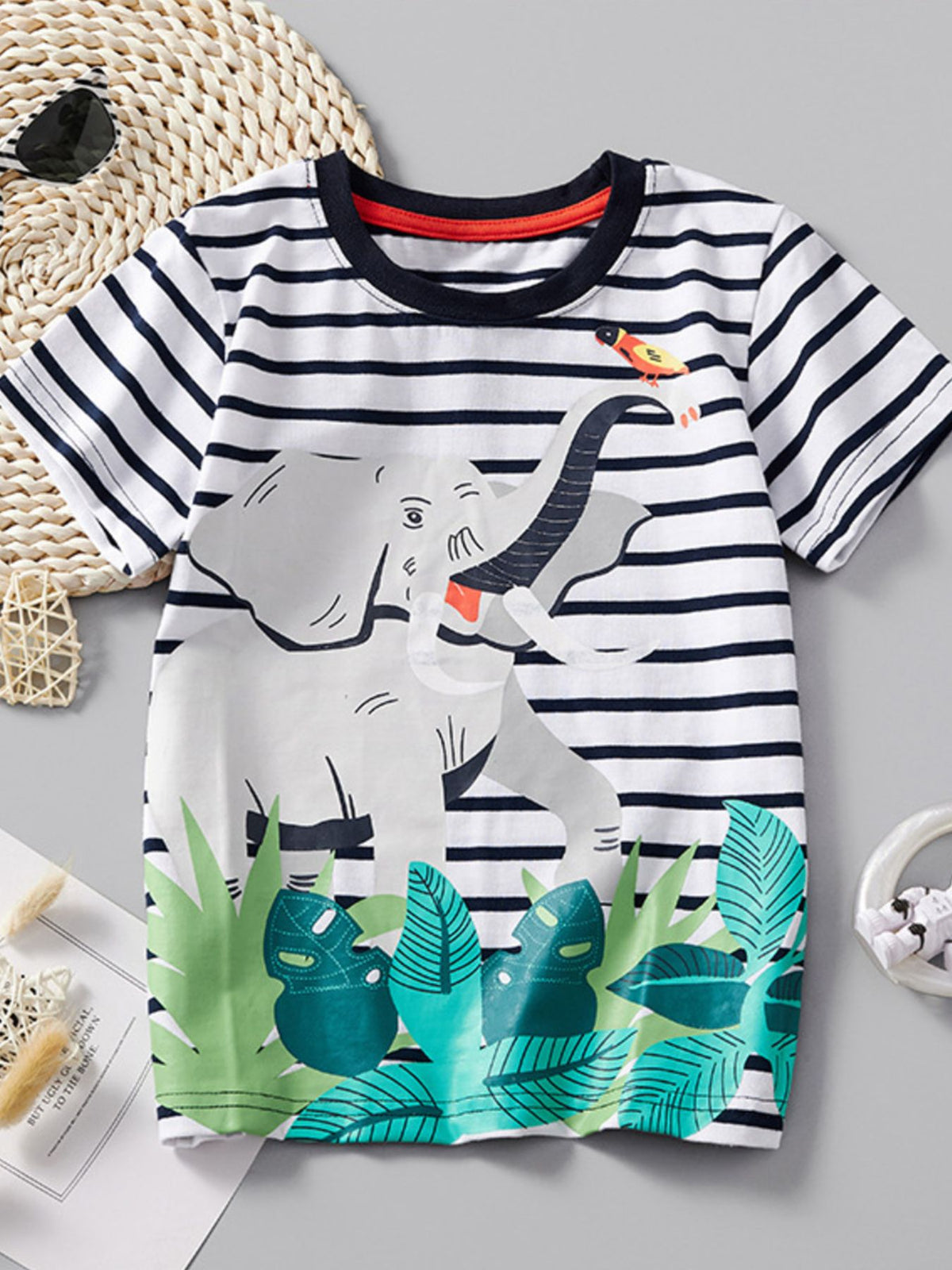 Toddler striped t-shirt with elephant graphic, crew neck, short sleeves, cotton.