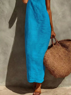 Blue linen-blend maxi dress with a relaxed fit, sleeveless, and round neck.