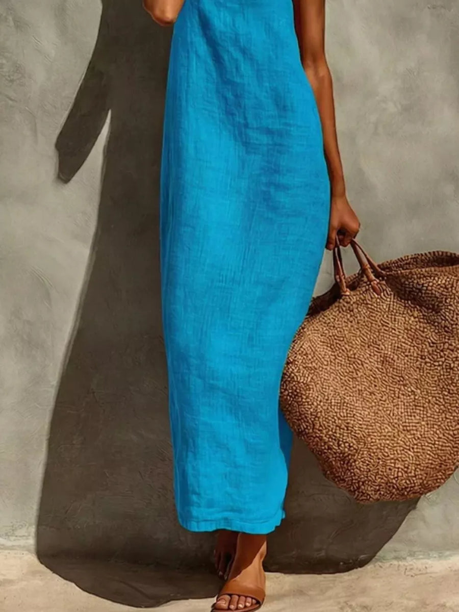 Blue linen-blend maxi dress with a relaxed fit, sleeveless, and round neck.