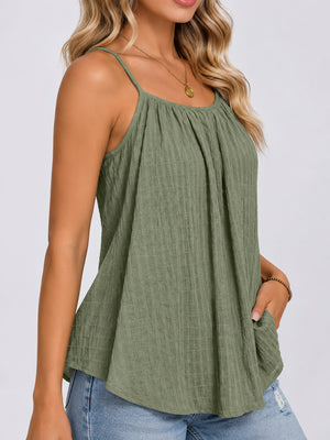 Green camisole featuring pleated and textured