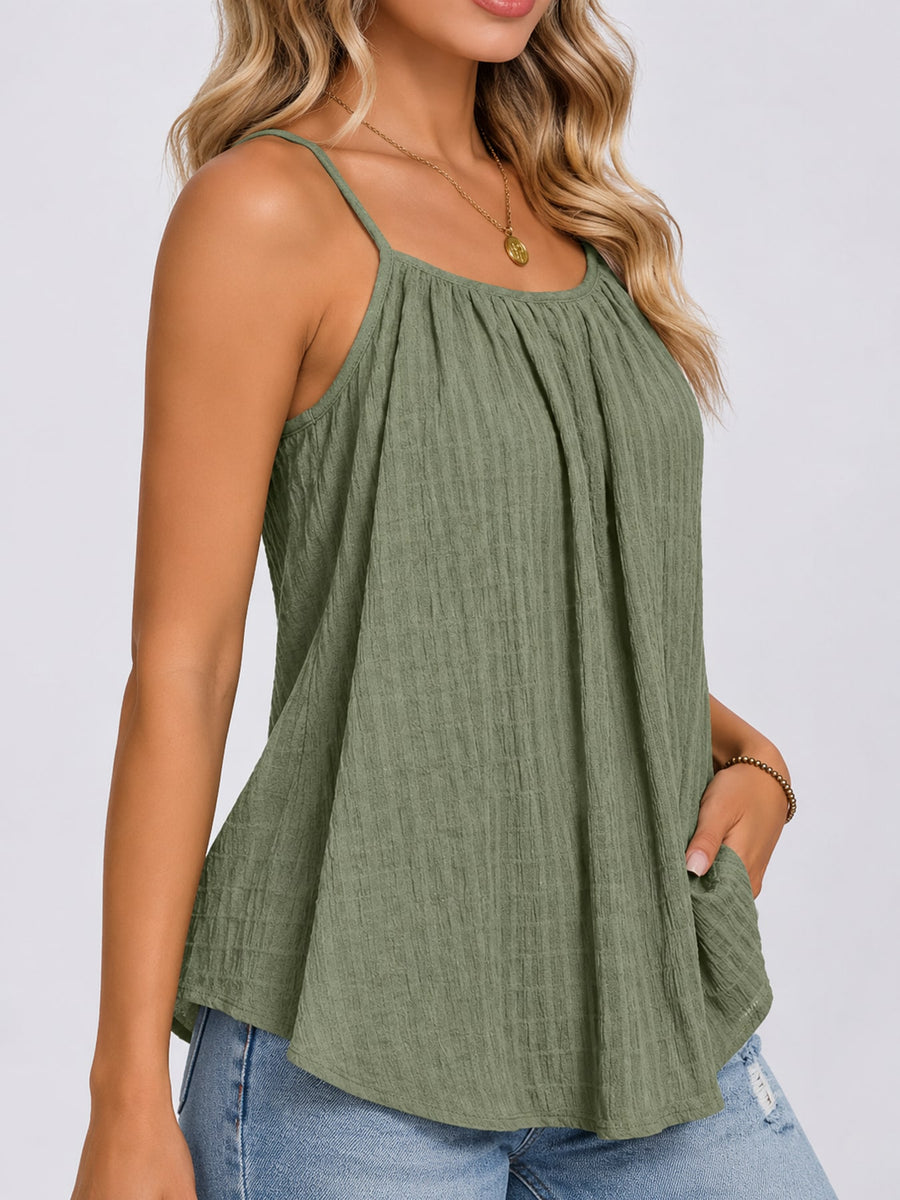 Green camisole featuring pleated and textured