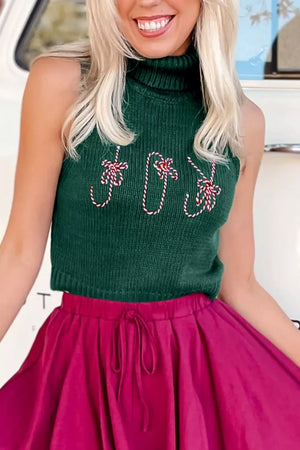 Dark Green with Festive Candy Cane Embroidered Turtleneck Sweater Vest