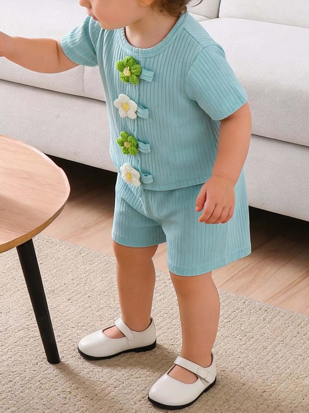 Children's Ribbed Knit Flower Top And Shorts Set in Green