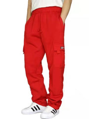 Red fleece cargo lounge trousers with drawstring waist and patch pocket detail.