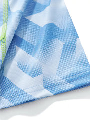 Toddler boys' blue geometric print tee with breathable fabric and contrast stitching.