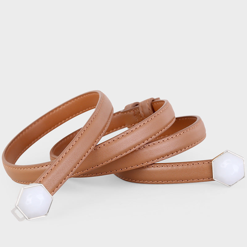 Brown cowhide leather belt with geometric white buckle detail