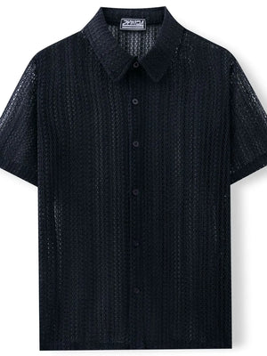 Black open-knit resort shirt with short sleeves and button front.