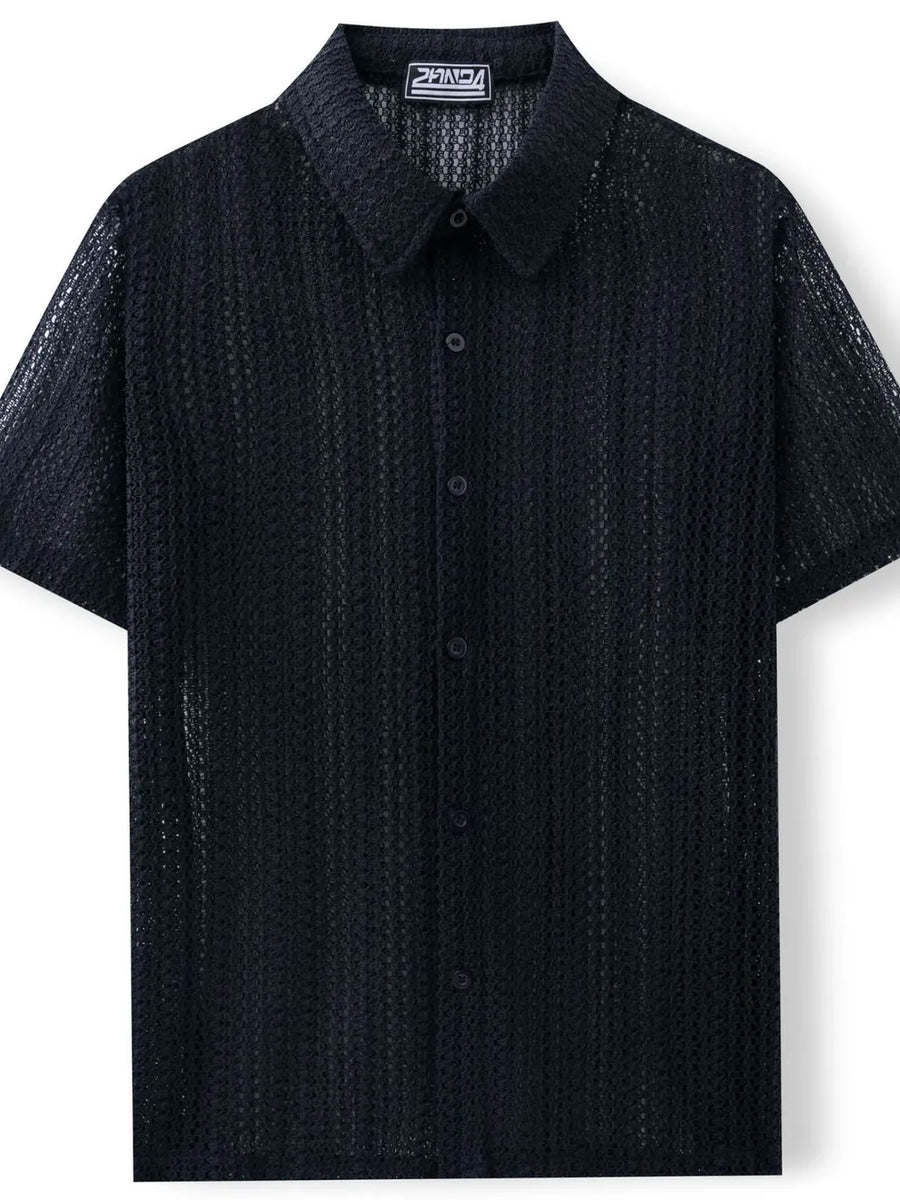 Black open-knit resort shirt with short sleeves and button front.