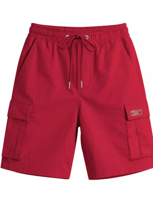 Deep red cargo shorts with adjustable drawstring waist and cargo pockets.