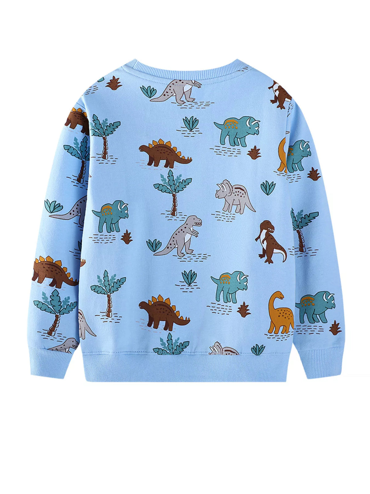 Light blue cotton blend sweatshirt with a playful all-over dinosaur print and palm trees.