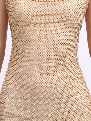 Gold mesh tank dress with a scoop neck and sleeveless design.