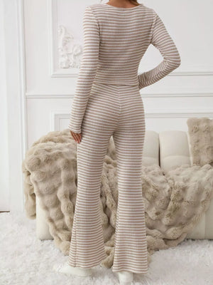 Striped knit long sleeve top and flare pants set in apricot, comfortable casual outfit.