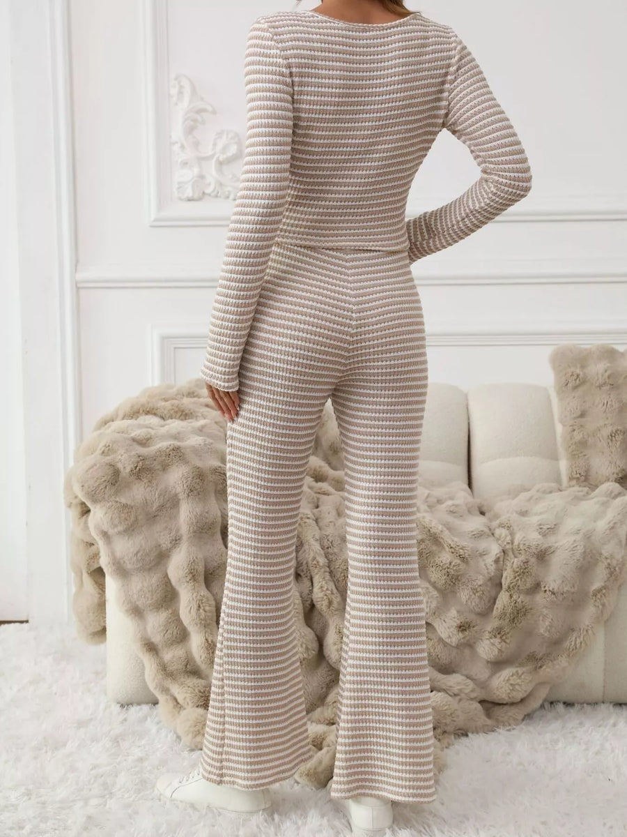Striped knit long sleeve top and flare pants set in apricot, comfortable casual outfit.