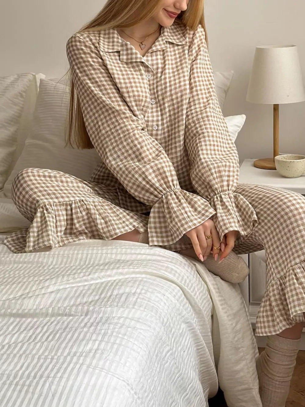 light brown pajama set with gingham and collared