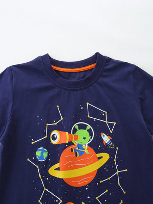 Navy cotton toddler tee with a space print featuring an alien with a telescope and a rocket.