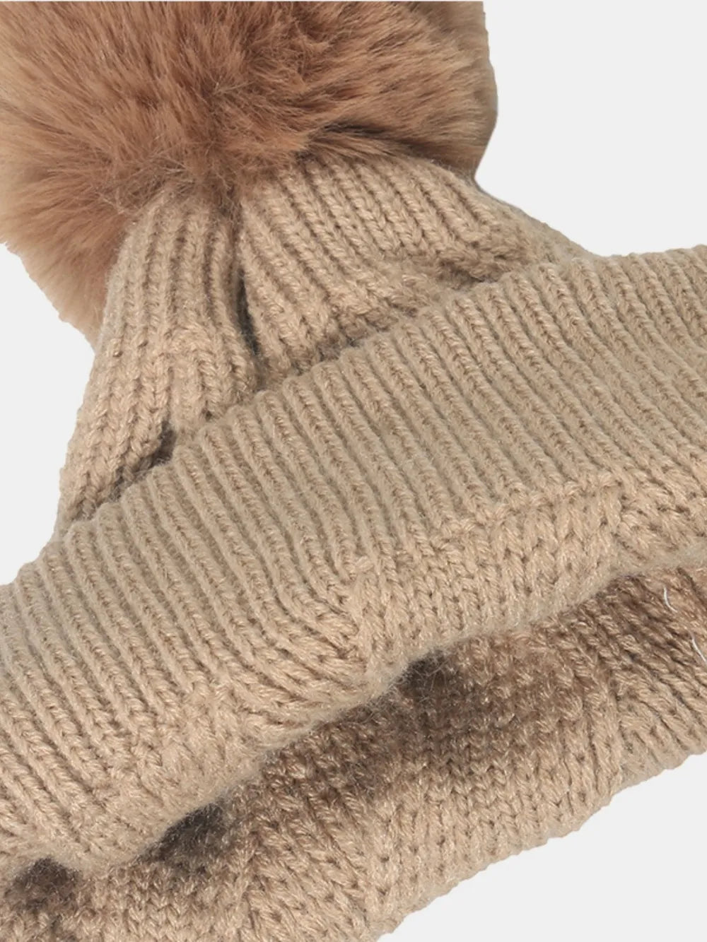 Camel cable knit beanie with fluffy pompom detail