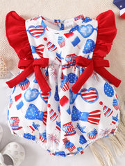 Baby patriotic print one-piece with ruffle sleeves and red bow accents.