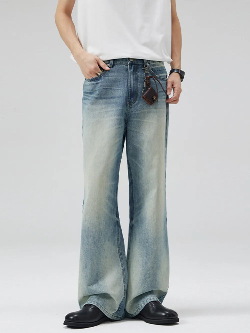 Men's Vintage Wash Flare Jeans Plus Size in Dark Gray