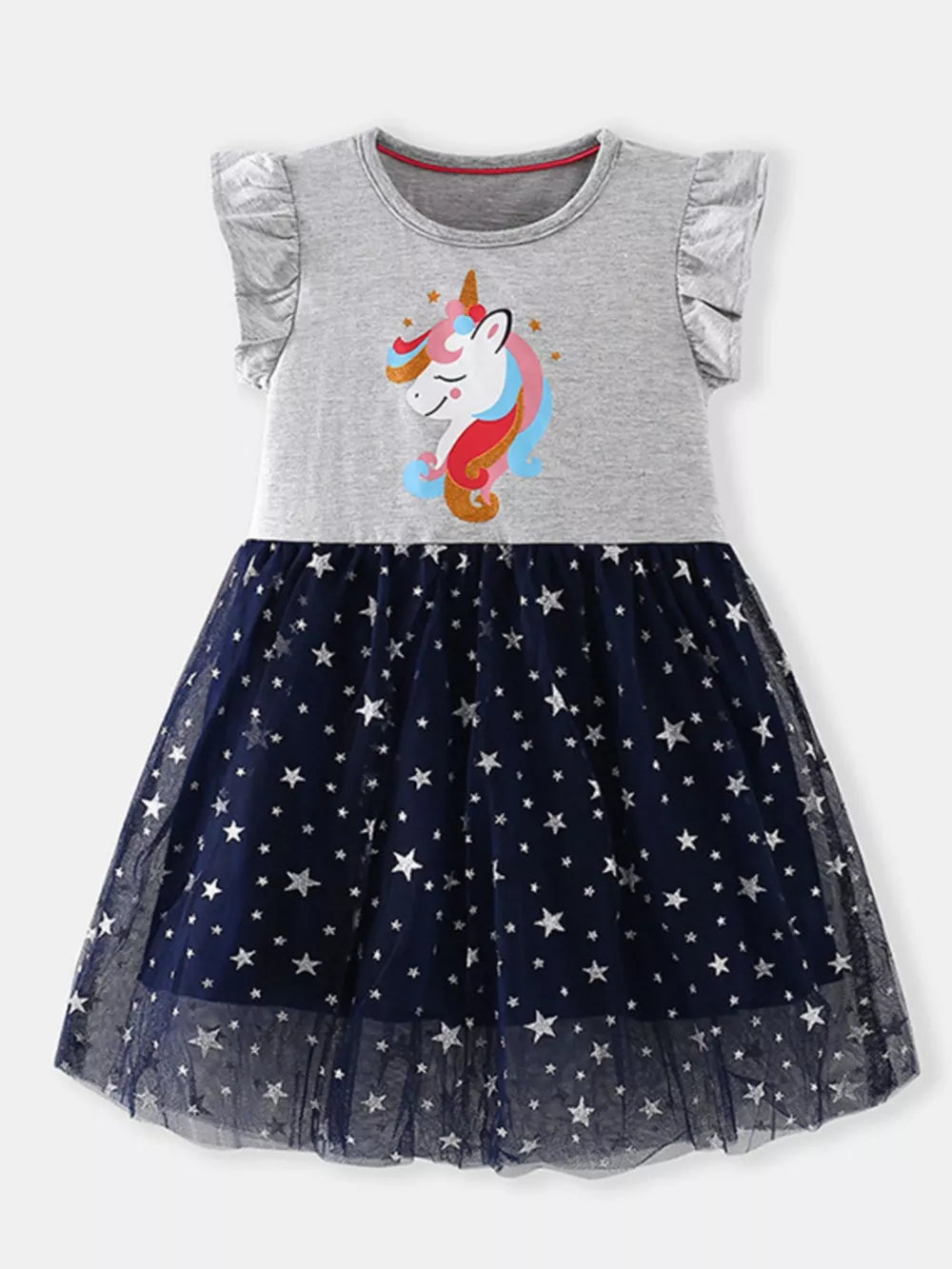 Grey unicorn graphic dress with ruffled sleeves and navy star print tulle skirt.