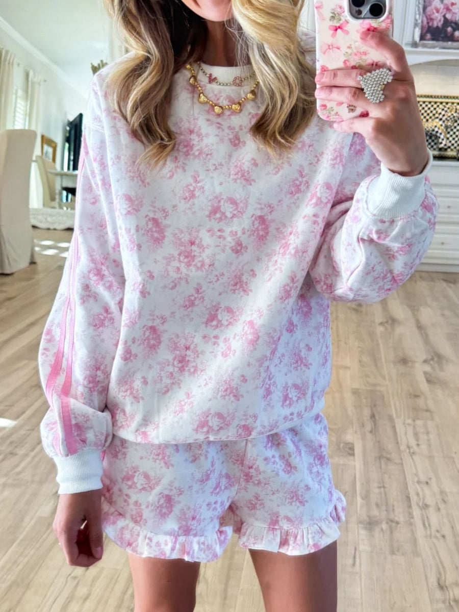 Floral Print Long Sleeve Sweatshirt And Shorts Set in Light Blue with ruffled