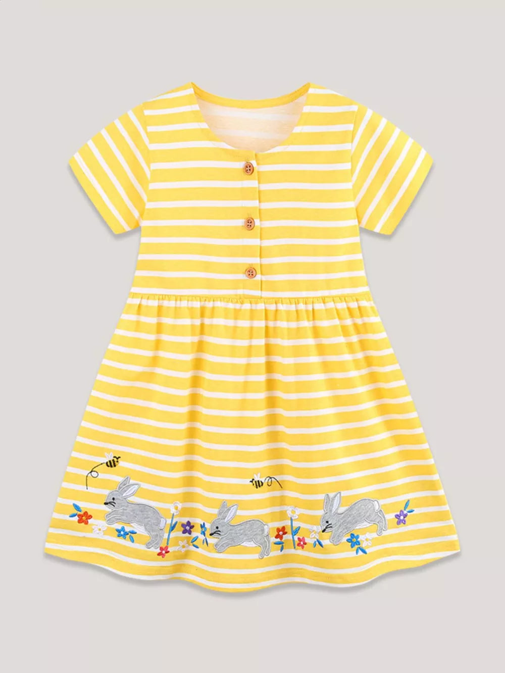 Yellow striped cotton toddler dress with button front and embroidered bunnies and flowers.