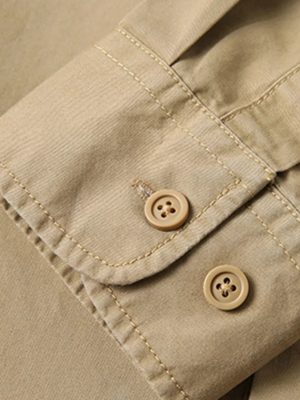 Khaki cotton men's relaxed fit shirt cuff detail with buttons.