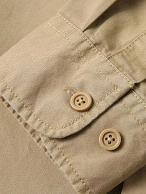 Khaki cotton men's relaxed fit shirt cuff detail with buttons.