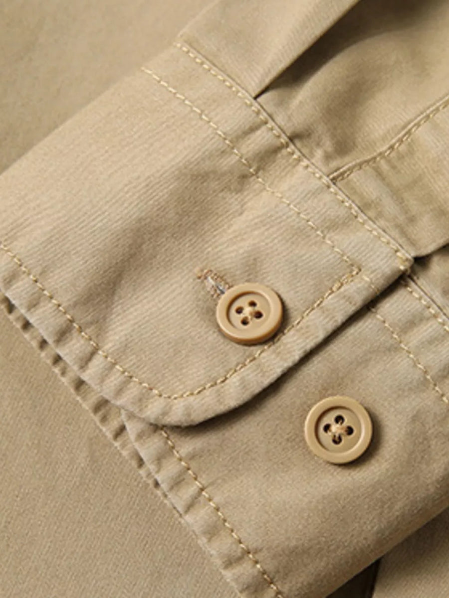 Khaki cotton men's relaxed fit shirt cuff detail with buttons.