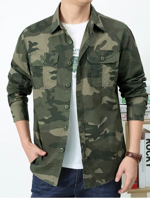 Men's Plus Size Camouflage Print Long Sleeve Shirt in Army Green