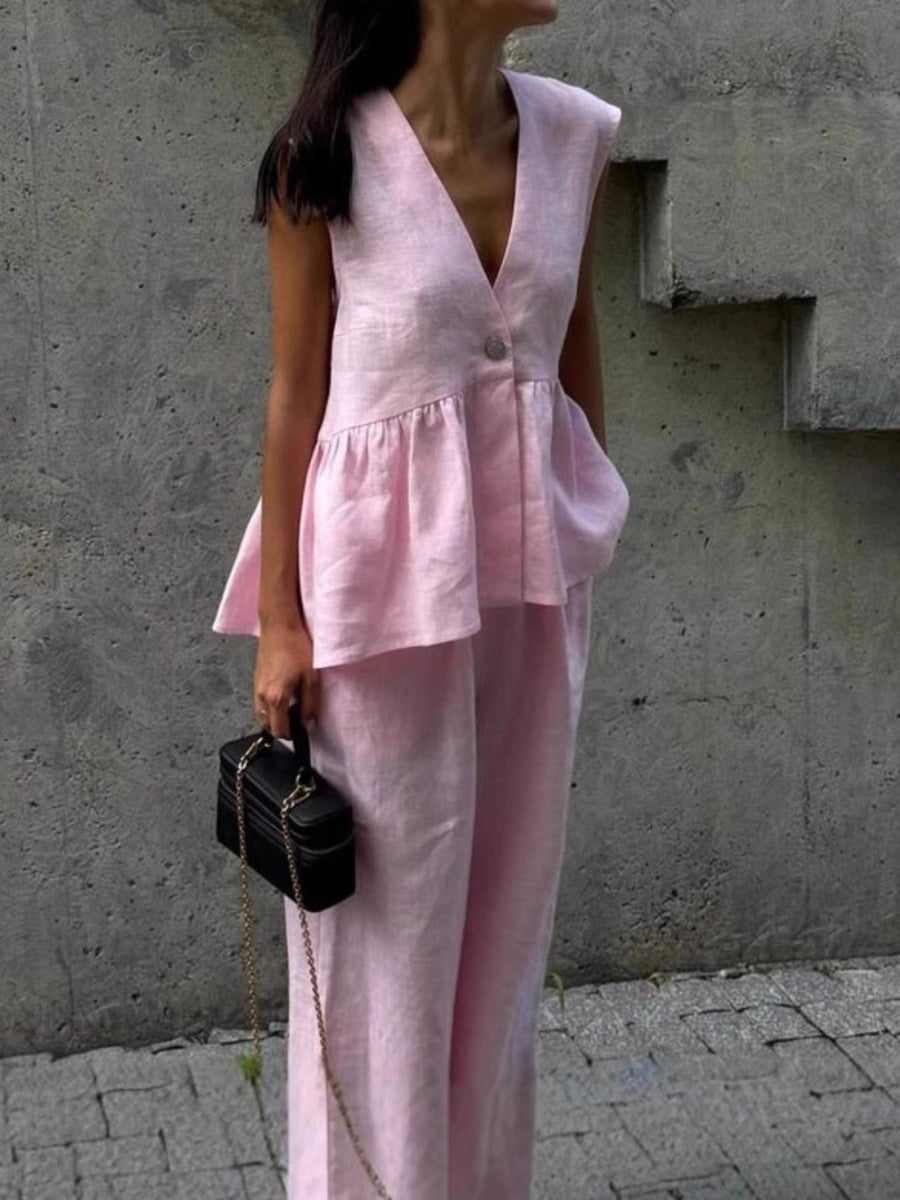 Blush pink sleeveless peplum top and wide-leg pants set, cotton, V-neck, button detail