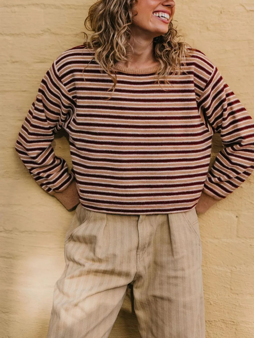 beige pullover sweater with striped and crew neck