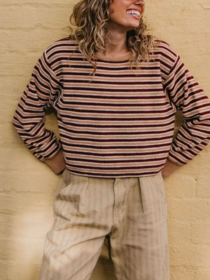 beige pullover sweater with striped and crew neck