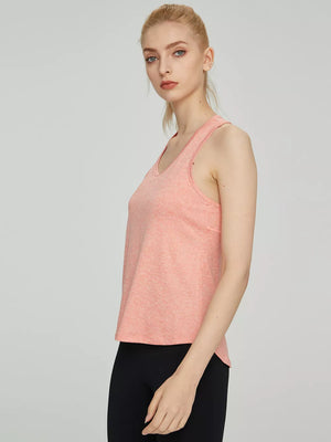 Peach marled athletic tank top with racerback and scoop neck.