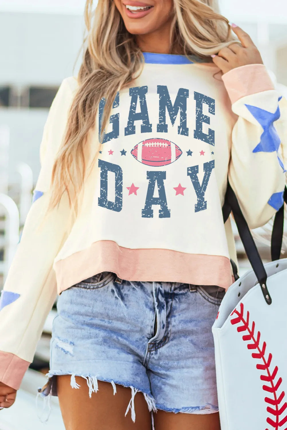 Ivory cotton sweatshirt with Game Day graphic and star sleeves