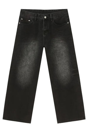 Faded dark wide-leg denim jeans with a casual, chic look.