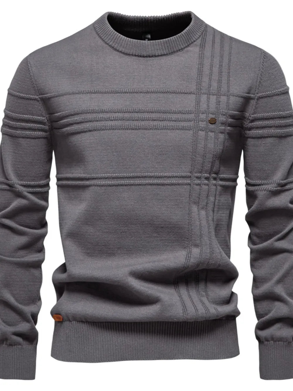 Gray crewneck sweater with textured horizontal and vertical panel details and a button accent.