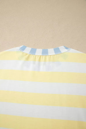 T-shirt with yellow and white horizontal stripes and a blue striped collar.