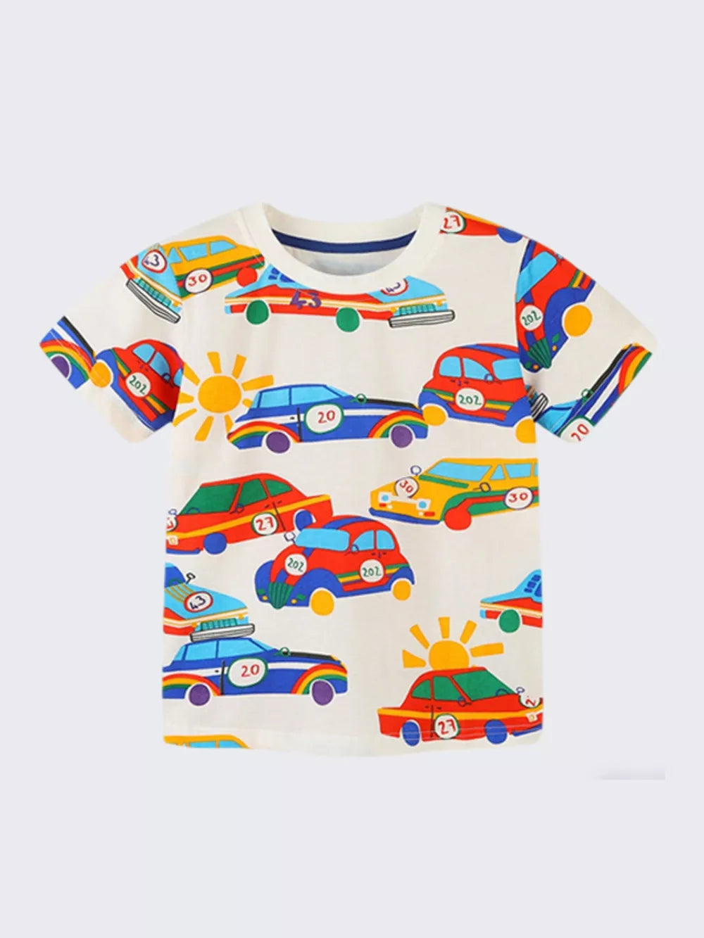 Toddler cotton t-shirt with colorful racing car print and sun graphic.