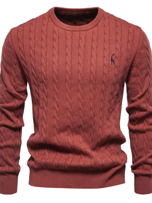 Rust cable knit crewneck sweater with embroidered giraffe detail