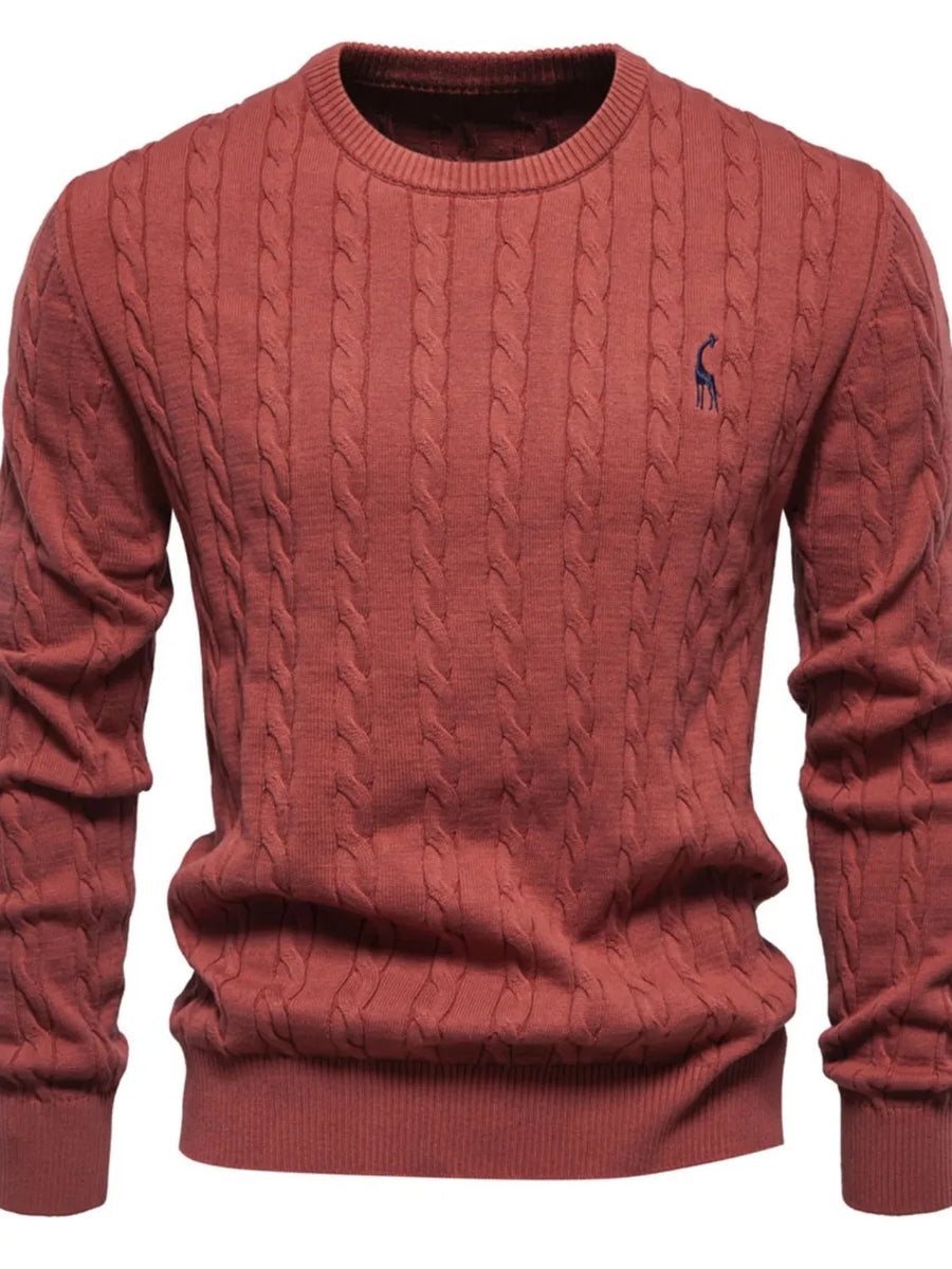 Rust cable knit crewneck sweater with embroidered giraffe detail
