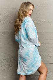 Light Blue tie-dye duster cardigan with long sleeves and a relaxed fit.