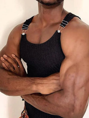 Black ribbed tank top with metal strap details and a cutout design.