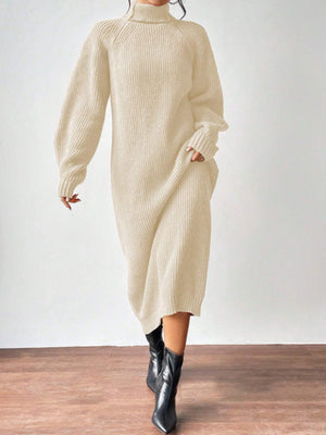 ivory sweater dress with ribbed and turtleneck